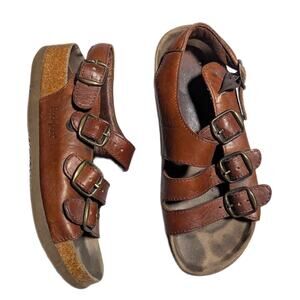 Vtg 1990s Rockport Cognac Brown Leather Triple Buckling Strap Slingback Sandal 6